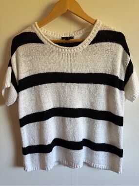 Tribal Striped Knit Sweater Black White Short Sleeve Top Size M